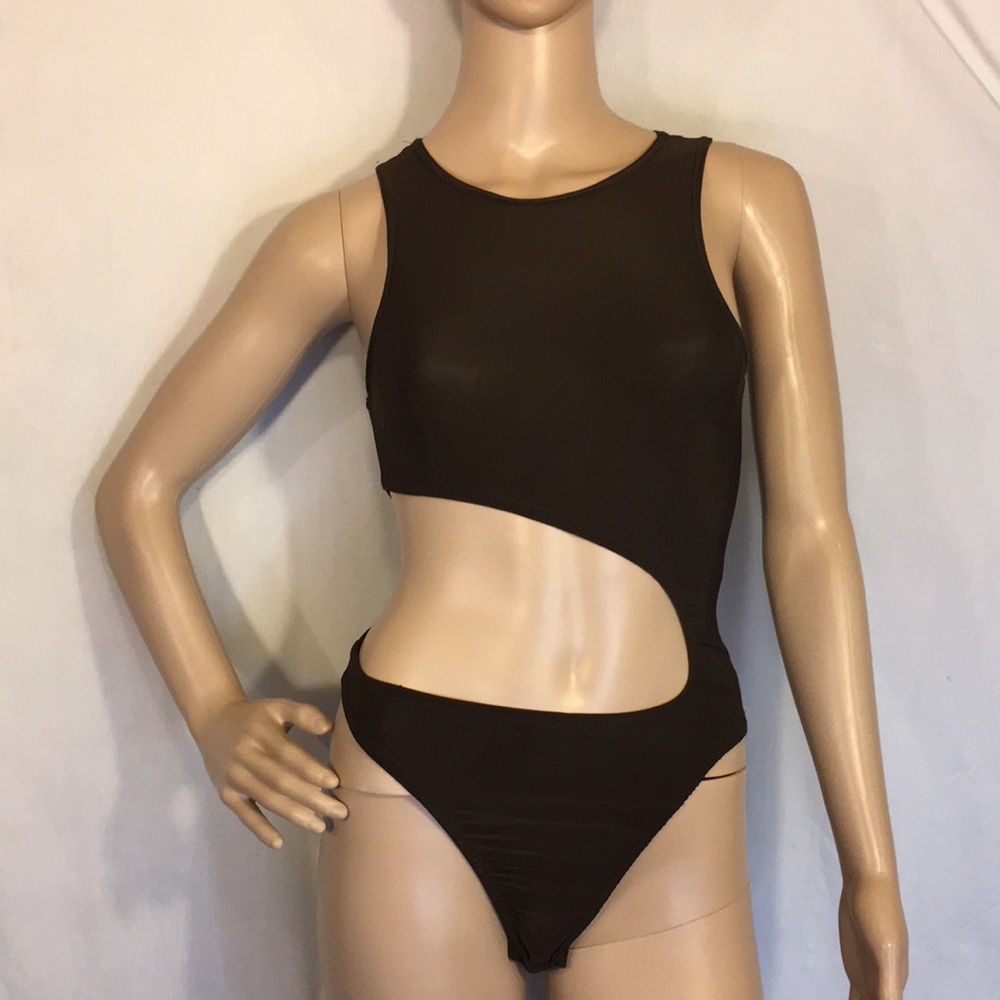 Women's Asymmetric Sleeveless Sheer Brown Bodysuit by PrettyLittleThing, Sz 2